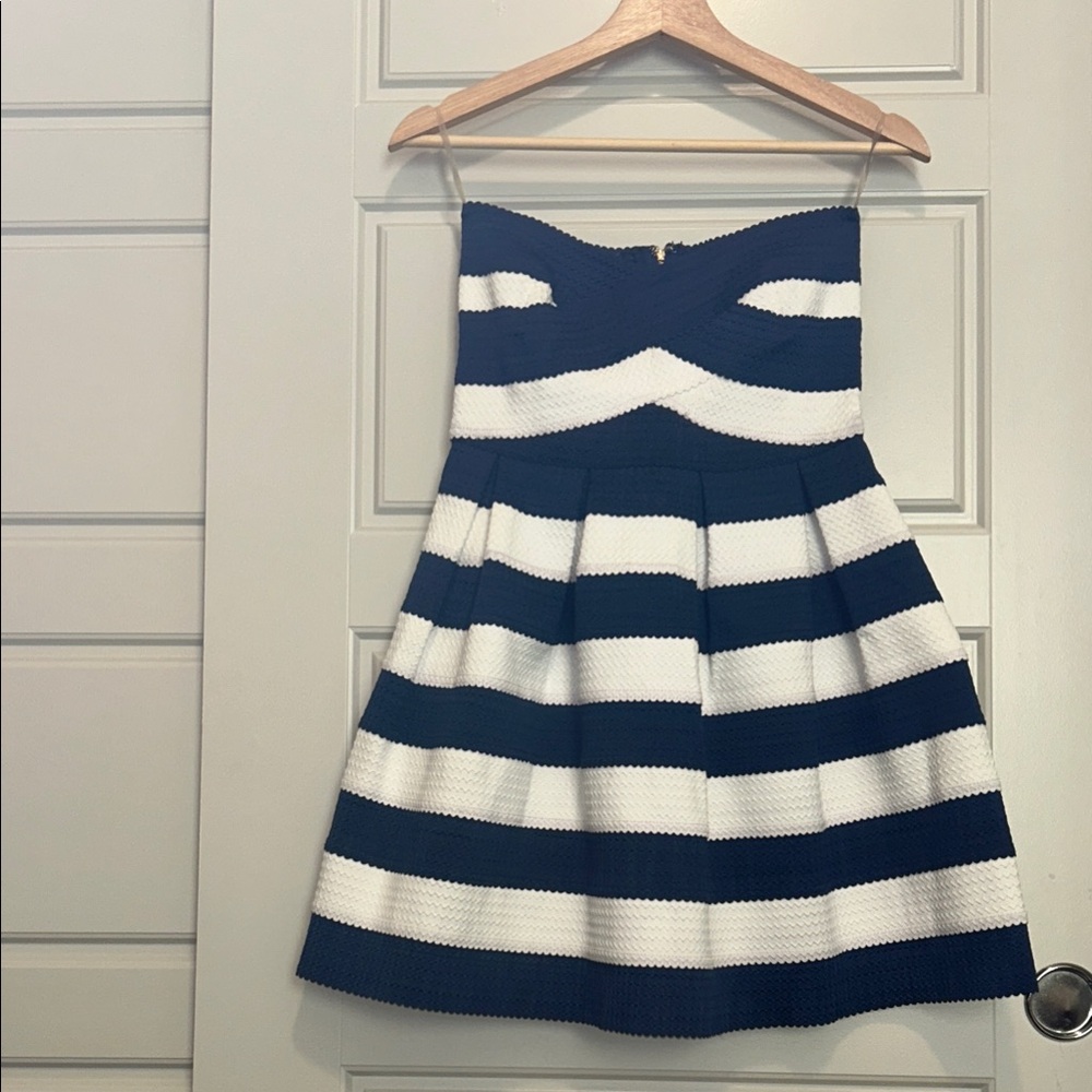 Papaya Strapless Dress with Navy and White Stripes